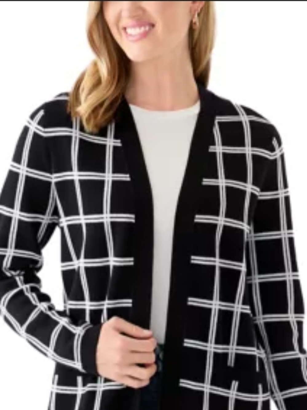Kasper Black & White Grid Open-Front Cardigan Size Medium